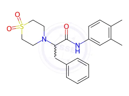Chemical structure of N-(3,4-Dimethylphenyl)-2-(1,1-dioxidothiomorpholino)-3-phenylpropanamide