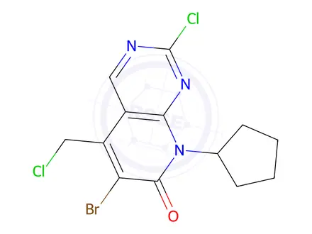 Chemical structure of 6-bromo-2-chloro-5-(chloromethyl)-8-cyclopentylpyrido[2,3-d]pyrimidin-7(8H)-one