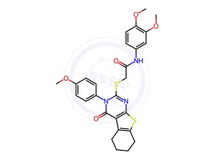 Chemical structure of N-(3,4-Dimethoxyphenyl)-2-((3-(4-methoxyphenyl)-4-oxo-3,4,5,6,7,8-hexahydrobenzo[4,5]thieno[2,3-d]pyrimidin-2-yl)thio)acetamide