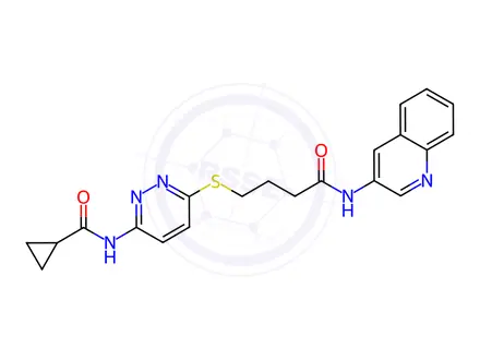 Chemical structure of N-[6-[4-oxo-4-(quinolin-3-ylamino)butyl]sulfanylpyridazin-3-yl]cyclopropanecarboxamide