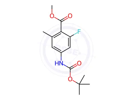 Chemical structure of Benzoic acid, 4-[[(1,1-dimethylethoxy)carbonyl]amino]-2-fluoro-6-methyl-, methyl ester