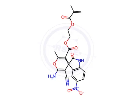 Chemical structure of 2-(2-Methylprop-2-enoyloxy)ethyl 6'-amino-5'-cyano-2'-methyl-5-nitro-2-oxospiro[1H-indole-3,4'-pyran]-3'-carboxylate