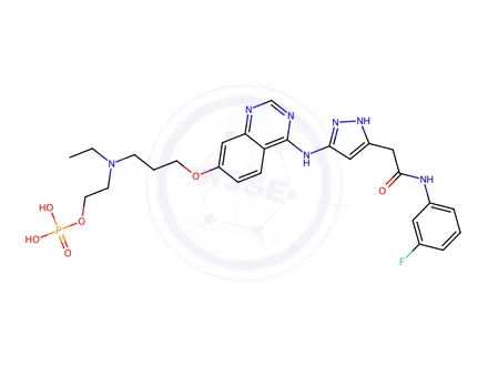 Chemical structure of 3-[[7-[3-[Ethyl[2-(phosphonooxy)ethyl]amino]propoxy]-4-quinazolinyl]amino]-N-(3-fluorophenyl)-1H-pyrazole-5-acetamide