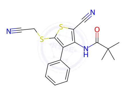 Chemical structure of N-(2-cyano-5-((cyanomethyl)thio)-4-phenylthiophen-3-yl)pivalamide