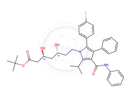 Chemical structure of (3S,5R)-Tert-butyl 7-(2-(4-fluorophenyl)-5-isopropyl-3-phenyl-4-(phenylcarbamoyl)-1H-pyrrol-1-yl)-3,5-dihydroxyheptanoate