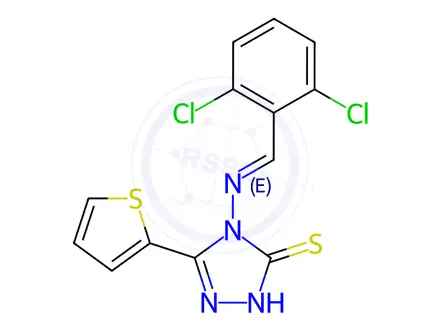 Chemical structure of 4-[(E)-[(2,6-Dichlorophenyl)methylidene]amino]-5-(thiophen-2-yl)-4H-1,2,4-triazole-3-thiol