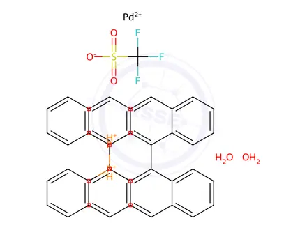 Chemical structure of Palladium(2+), diaqua[1,1'-(1R)-[1,1'-binaphthalene]-2,2'-diylbis[1,1-diphenylphosphine-κP]-, (SP-4-2)-,1,1,1-trifluoromethanesulfonate (1:2)