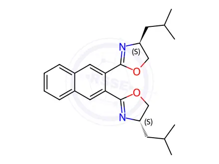 Chemical structure of Oxazole, 2,2′-(2,3-naphthalenediyl)bis[4,5-dihydro-4-(2-methylpropyl)-, (4S,4′S)-