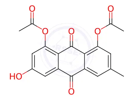 Chemical structure of 3-hydroxy-6-methyl-9,10-dioxo-9,10-dihydroanthracene-1,8-diyl diacetate