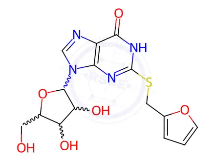 Chemical structure of 2-[2-(Furan-2-ylmethylsulfanyl)-6-hydroxy-purin-9-yl]-5-hydroxymethyl-tetrahydro-furan-3,4-diol