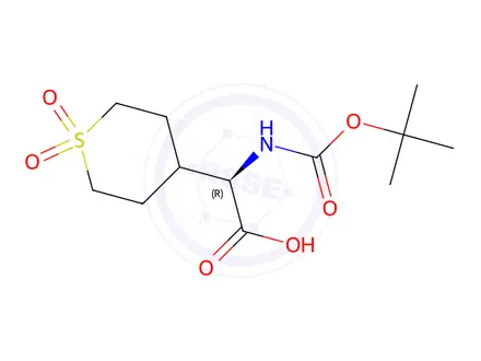 Chemical structure of (R)-2-((tert-butoxycarbonyl)amino)-2-(1,1-dioxidotetrahydro-2H-thiopyran-4-yl)acetic acid