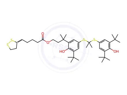 Chemical structure of 3-(3-(tert-butyl)-5-((2-((3,5-di-tert-butyl-4-hydroxyphenyl)thio) propan-2-yl)thio)-2-hydroxyphenyl)-3-methylbutyl 5-(1,2-dithiolan-3-yl)pentanoate