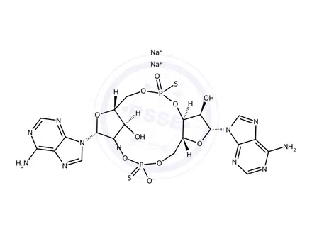 Chemical structure of Adenosine, [P(R)]-5′-O-[(R)-hydroxymercaptophosphinyl]-P-thioadenylyl-(2′→5′)-, cyclic nucleotide
