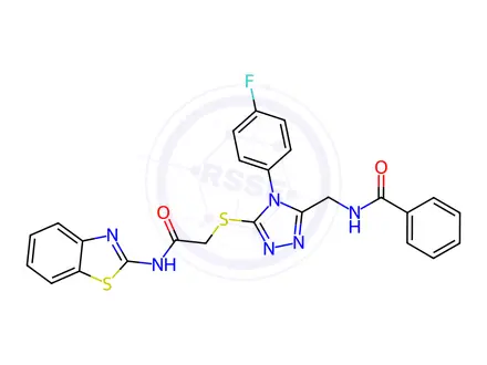 Chemical structure of N-((5-((2-(Benzo[d]thiazol-2-ylamino)-2-oxoethyl)thio)-4-(4-fluorophenyl)-4H-1,2,4-triazol-3-yl)methyl)benzamide