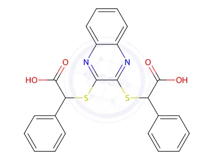 Chemical structure of 2,2'-(quinoxaline-2,3-diylbis(sulfanediyl))bis(2-phenylacetic acid)