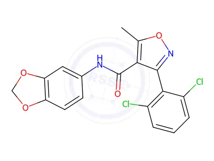 Chemical structure of N-(benzo[d][1,3]dioxol-5-yl)-3-(2,6-dichlorophenyl)-5-methylisoxazole-4-carboxamide