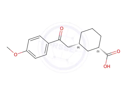 Chemical structure of (1S,3R)-3-(2-(4-methoxyphenyl)-2-oxoethyl)cyclohexane-1-carboxylic acid