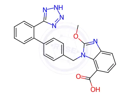Chemical structure of 1-((2'-(2H-Tetrazol-5-yl)-[1,1'-biphenyl]-4-yl)methyl)-2-methoxy-1H-benzo[d]imidazole-7-carboxylic acid