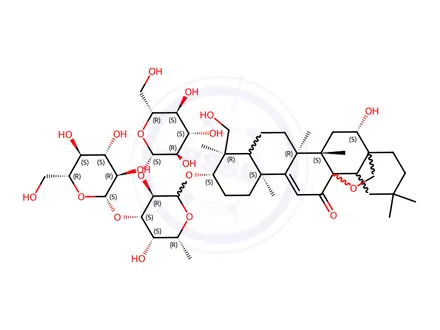 Chemical structure of Olean-9(11)-en-12-one, 13,28-epoxy-3-[(O-β-D-glucopyranosyl-(1→2)-O-[β-D-glucopyranosyl-(1→3)]-6-deoxy-β-D-galactopyranosyl)oxy]-16,23-dihydroxy-, (3β,4α,16β)-