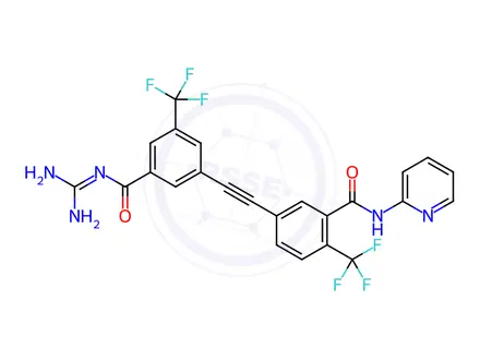 Chemical structure of Benzamide, 5-[2-[3-[[(aminoiminomethyl)amino]carbonyl]-5-(trifluoromethyl)phenyl]ethynyl]-N-2-pyridinyl-2-(trifluoromethyl)-