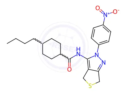 Chemical structure of 4-Butyl-N-(2-(4-nitrophenyl)-2,6-dihydro-4H-thieno[3,4-c]pyrazol-3-yl)cyclohexane-1-carboxamide