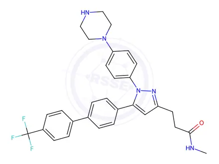 Chemical structure of N-Methyl-3-(1-(4-(piperazin-1-yl)phenyl)-5-(4'-(trifluoromethyl)-[1,1'-biphenyl]-4-yl)-1H-pyrazol-3-yl)propanamide