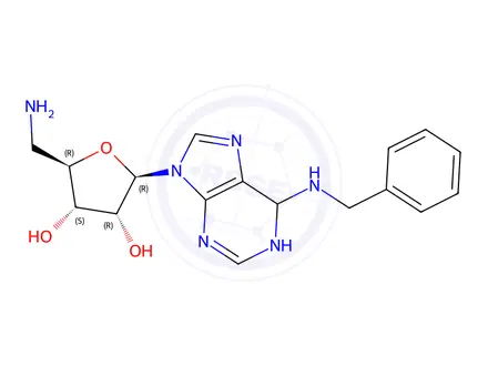 Chemical structure of (2R,3S,4R,5R)-2-(Aminomethyl)-5-(6-(benzylamino)-1H-purin-9(6H)-yl)tetrahydrofuran-3,4-diol