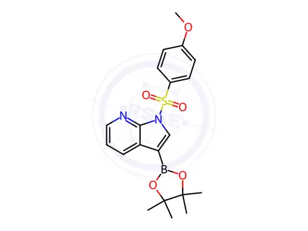 Chemical structure of 1-((4-Methoxyphenyl)sulfonyl)-3-(4,4,5,5-tetramethyl-1,3,2-dioxaborolan-2-yl)-1H-pyrrolo[2,3-b]pyridine