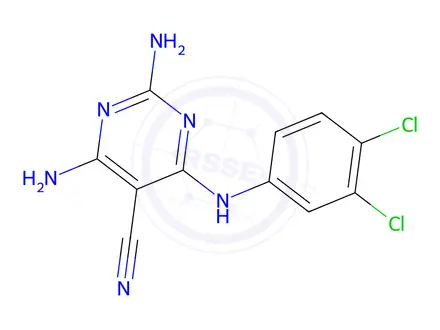 Chemical structure of 2,4-Diamino-6-((3,4-dichlorophenyl)amino)pyrimidine-5-carbonitrile