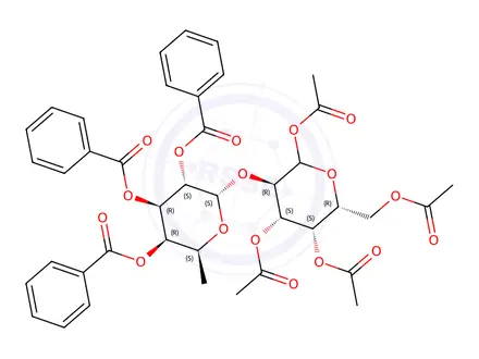 Chemical structure of 1,3,4,6-Tetra-O-acetyl-2-O-(2,3,4-tri-O-benzoyl-a-L-fucopyranosyl)-D-galactopyranose