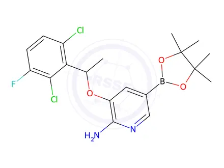 Chemical structure of 3-(1-(2,6-Dichloro-3-fluorophenyl)ethoxy)-5-(4,4,5,5-tetramethyl-1,3,2-dioxaborolan-2-yl)pyridin-2-amine