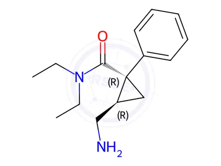 Chemical structure of (1R,2R)-2-(aminomethyl)-N,N-diethyl-1-phenylcyclopropane-1-carboxamide