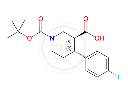 Chemical structure of (3S,4R)-1-(tert-Butoxycarbonyl)-4-(4-fluorophenyl)piperidine-3-carboxylic Acid