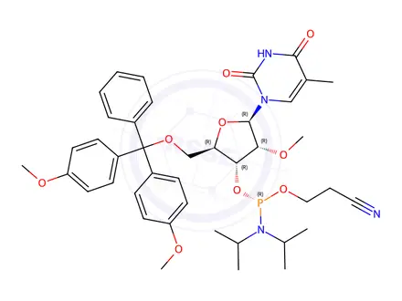 Chemical structure of (2R,3R,4R,5R)-2-((Bis(4-methoxyphenyl)(phenyl)methoxy)methyl)-4-methoxy-5-(5-methyl-2,4-dioxo-3,4-dihydropyrimidin-1(2H)-yl)tetrahydrofuran-3-yl (2-cyanoethyl) (S)-diisopropylphosp
