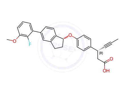 Chemical structure of (3S)-3-(4-((5-(2-fluoro-3-methoxyphenyl)-2,3-dihydro-1H-inden-1-yl)oxy)phenyl)hex-4-ynoic acid