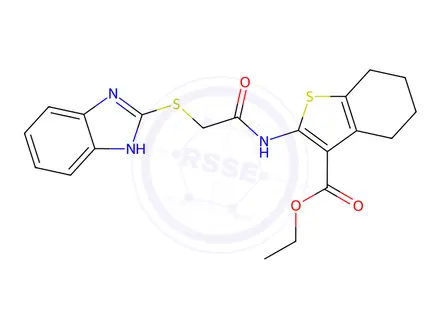 Chemical structure of Ethyl 2-(2-((1H-benzo[d]imidazol-2-yl)thio)acetamido)-4,5,6,7-tetrahydrobenzo[b]thiophene-3-carboxylate