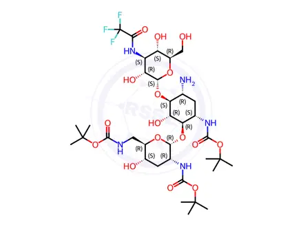 Chemical structure of O-3-Deoxy-3-[(2,2,2-trifluoroacetyl)amino]-α-D-glucopyranosyl-(1→6)-O-[2,3,6-trideoxy-2,6-bis[[(1,1-dimethylethoxy)carbonyl]amino]-α-D-ribo-hexopyranosyl-(1→4)]-2-deoxy-N3-[(1,1-dimethylethoxy)carbonyl]-D-streptamine
