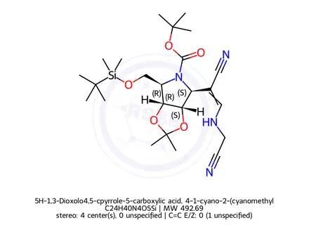 Chemical structure of 5H-1,3-Dioxolo4,5-cpyrrole-5-carboxylic acid, 4-1-cyano-2-(cyanomethyl)aminoethenyl-6-(1,1-dimethylethyl)dimethylsilyloxymethyltetrahydro-2,2-dimethyl-, 1,1-dimethylethyl ester, (3