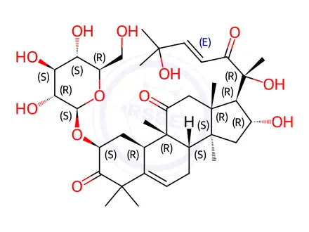 Chemical structure of 19-Norlanosta-5,23-diene-3,11,22-trione, 2-(β-D-glucopyranosyloxy)-16,20,25-trihydroxy-9-methyl-, (2β,9β,10α,16α,23E)-