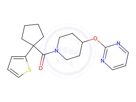 Chemical structure of (4-(Pyrimidin-2-yloxy)piperidin-1-yl)(1-(thiophen-2-yl)cyclopentyl)methanone