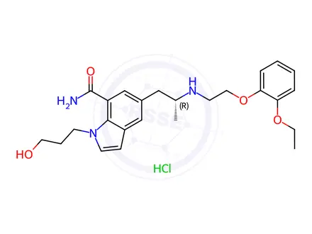 Chemical structure of (R)-5-(2-((2-(2-Ethoxyphenoxy)ethyl)amino)propyl)-1-(3-hydroxypropyl)-1H-indole-7-carboxamide Hydrochloride