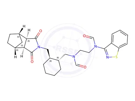 Chemical structure of N-(benzo[d]isothiazol-3-yl)-N-(2-(N-(((1R,2R)-2-(((3aR,4S,7R,7aS)-1,3-dioxooctahydro-2H-4,7-methanoisoindol-2-yl)methyl)cyclohexyl)methyl)formamido)ethyl)formamide
