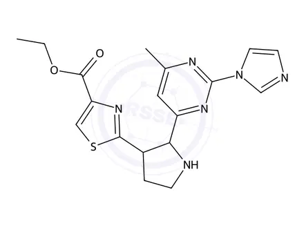 Chemical structure of Ethyl 2-(2-(2-(1H-imidazol-1-yl)-6-methylpyrimidin-4-yl)pyrrolidin-3-yl)thiazole-4-carboxylate