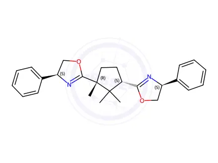 Chemical structure of Oxazole, 2,2′-[(1R,3S)-1,2,2-trimethyl-1,3-cyclopentanediyl]bis[4,5-dihydro-4-phenyl-, (4S,4′S)-