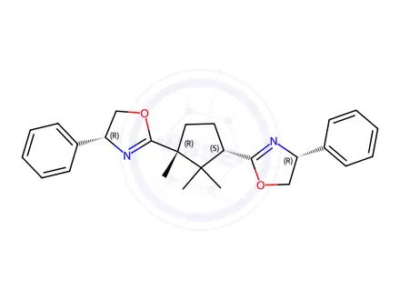 Chemical structure of Oxazole, 2,2′-[(1R,3S)-1,2,2-trimethyl-1,3-cyclopentanediyl]bis[4,5-dihydro-4-phenyl-, (4R,4′R)-