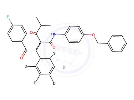 Chemical structure of 2-[2-(4-Fluorophenyl)-2-oxo-1-phenyl-d5-ethyl]-4-methyl-3-oxo-pentanoic Acid, (4-Benzyloxy-phenyl)-amide