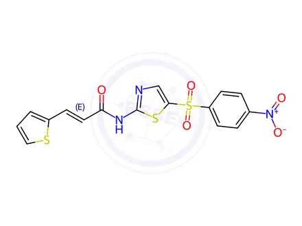 Chemical structure of N-(5-((4-Nitrophenyl)sulfonyl)thiazol-2-yl)-3-(thiophen-2-yl)acrylamide