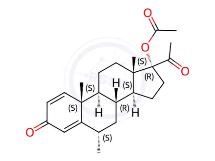 Chemical structure of Pregna-1,4-diene-3,20-dione, 17-(acetyloxy)-6-methyl-, (6α)-