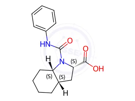 Chemical structure of (2S,3aS,7aS)-1-(phenylcarbamoyl)-octahydro-1H-indole-2-carboxylic acid