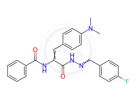 Chemical structure of N-[(Z)-1-[4-(dimethylamino)phenyl]-3-[(2E)-2-[(4-fluorophenyl)methylidene]hydrazinyl]-3-oxoprop-1-en-2-yl]benzamide